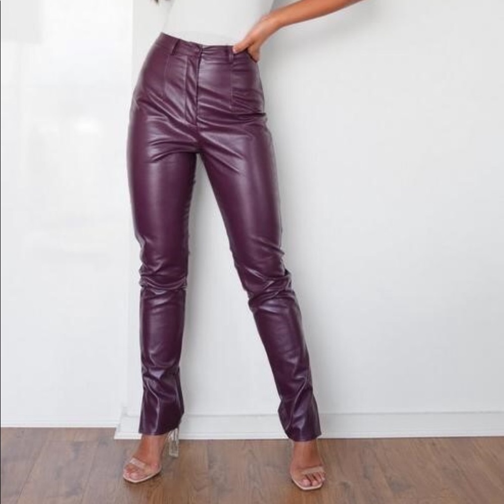 Plum Faux Leather Split Hem Trousers